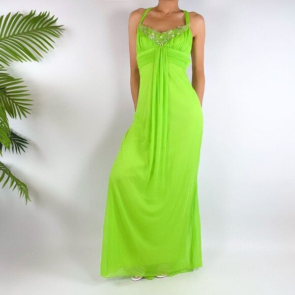 Vintage Y2K Pastel Green Fairycore Rhinestone Halter Maxi Prom Dress / Size: 5